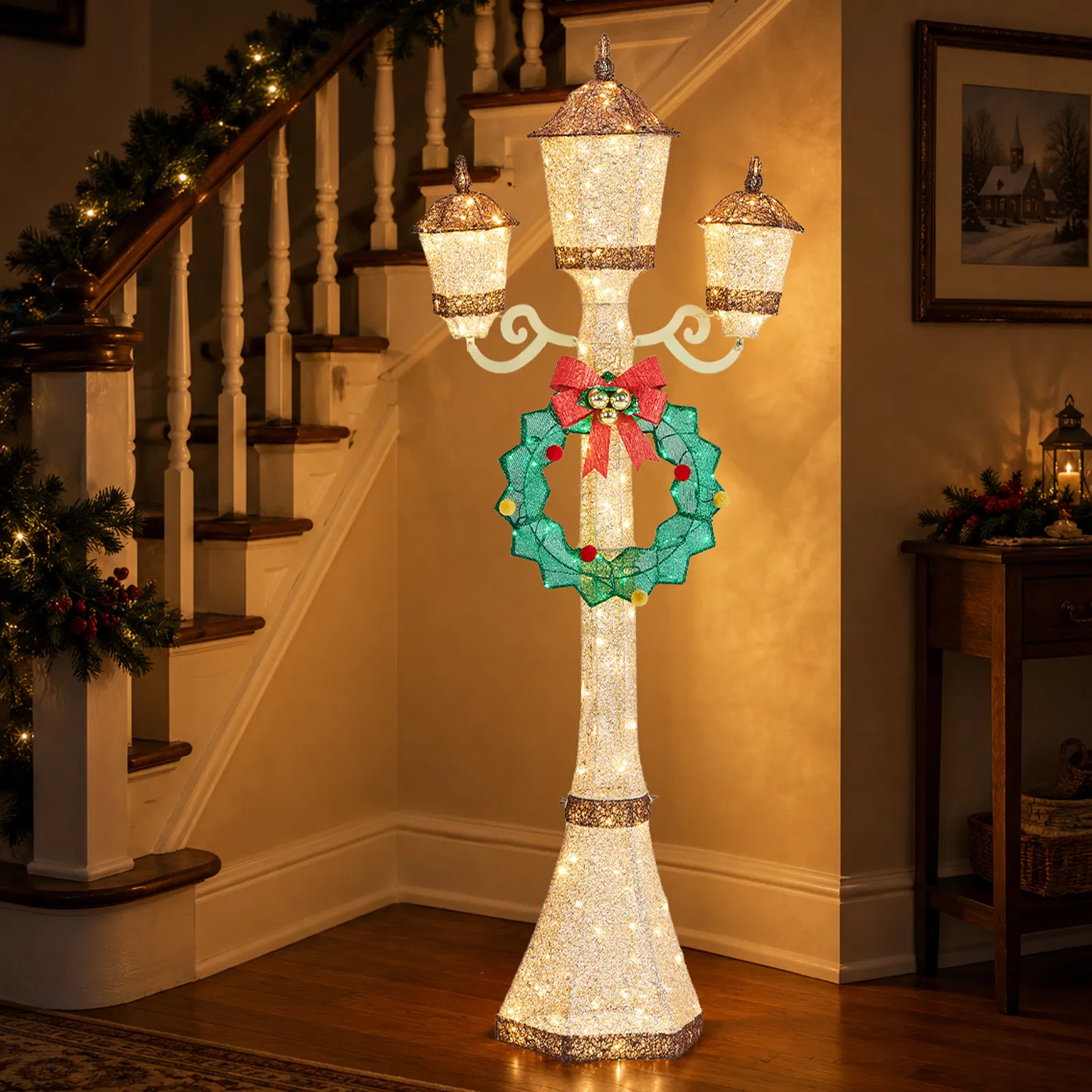 6FT Gold 3-Head Street Lamp with Wreath, 210 Warm White LEDs, Christmas Light Post, US Plug image 12