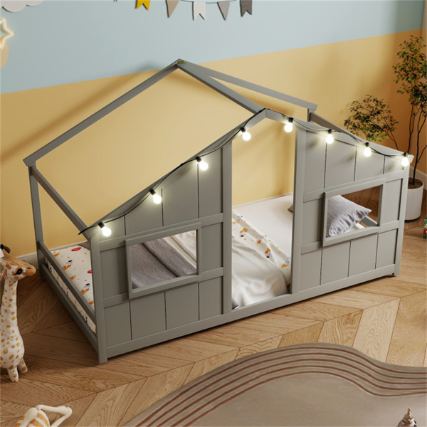 Twin-Size Kids House Gray Floor Bed- 82