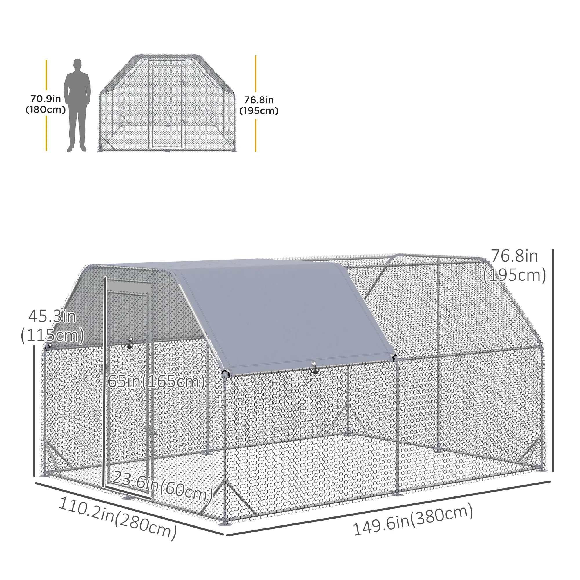 Chicken Run, Galvanized Large Metal Chicken Coop Cage, Walk-in Enclosure Poultry Hen Run House Playpen Rabbit Hutch with Flat Roof, Cover, 9.2' x 12.5' x 6.5', Silver