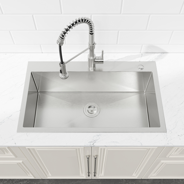 Kitchen Sink, 33″x22″ Single Bowl, Overmount Handmade Sink in Brushed Nickel, with US Standard Drain and Hook[Unable to ship on weekends,usps/fedex]-14