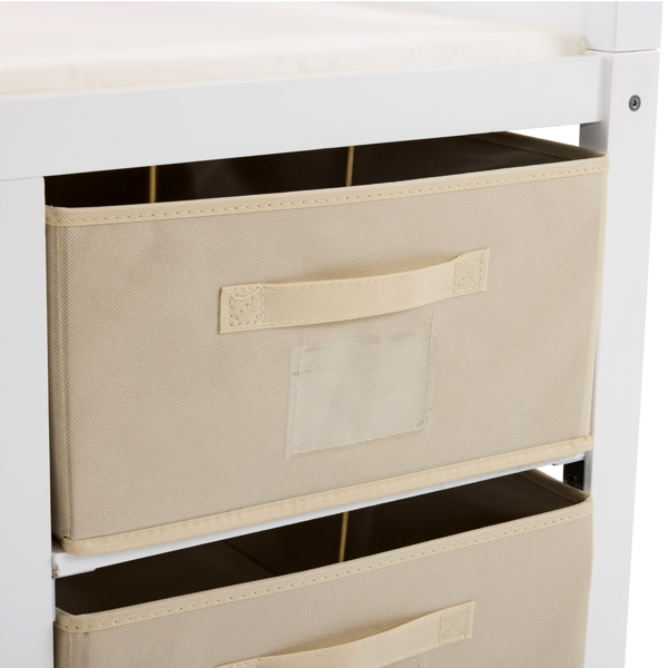 White painted pine wood frame, removable top, 87*53*87.5cm children's wooden bed with 3 fabric drawers + 1 fabric bag, and a changing table-41