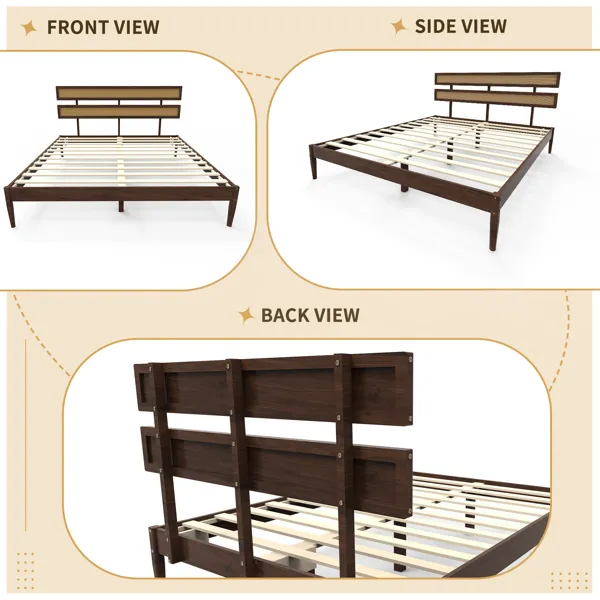 Dark walnut wood painted finish + rattan and pine wood double headboard King size bed, Bohemian style image 10