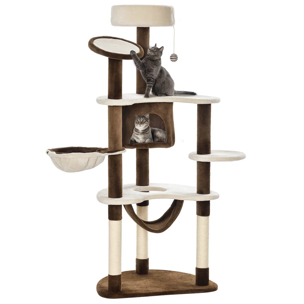 60" Cat Scratching Tree, Cat Bed Condo Post House Pet Furniture Toys-Brown & Beige - Default