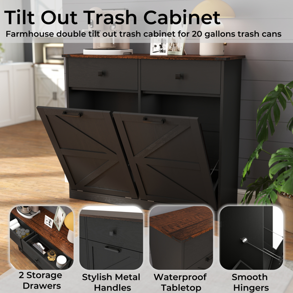 Farmhouse Black Double Tilt Out Trash Cabinet for 20 Gallon Trash Cans, Free Standing Recycling Cabinet with Hideaway Drawer, Barn Door Style Laundry Sorter Cabinet, Tilt Out Trash Cabinet for Kitchen-36
