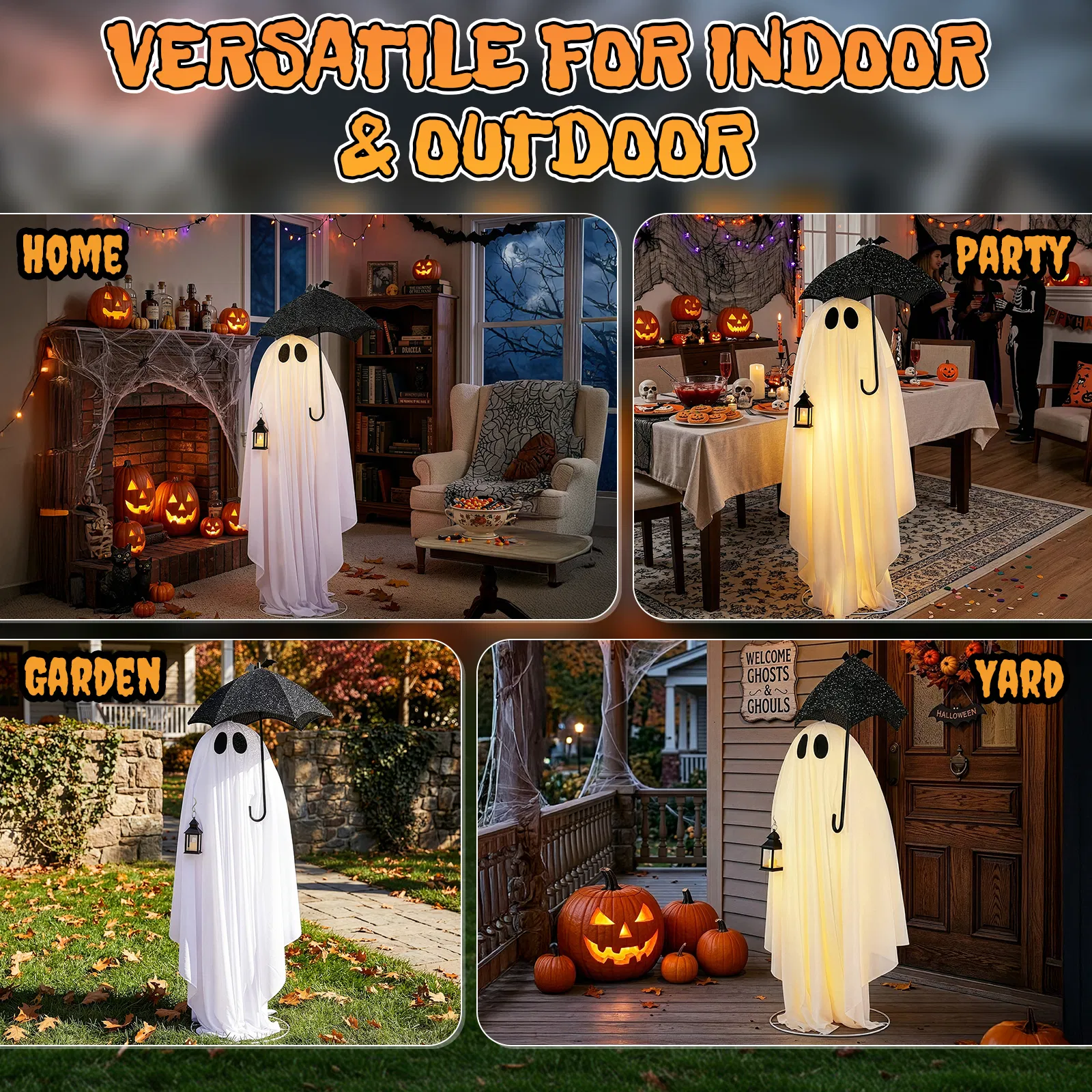 5ft Black & White Umbrella Ghost Halloween Decoration with 100 Warm White LED Wire Lights, 30V 3.6W… image 6