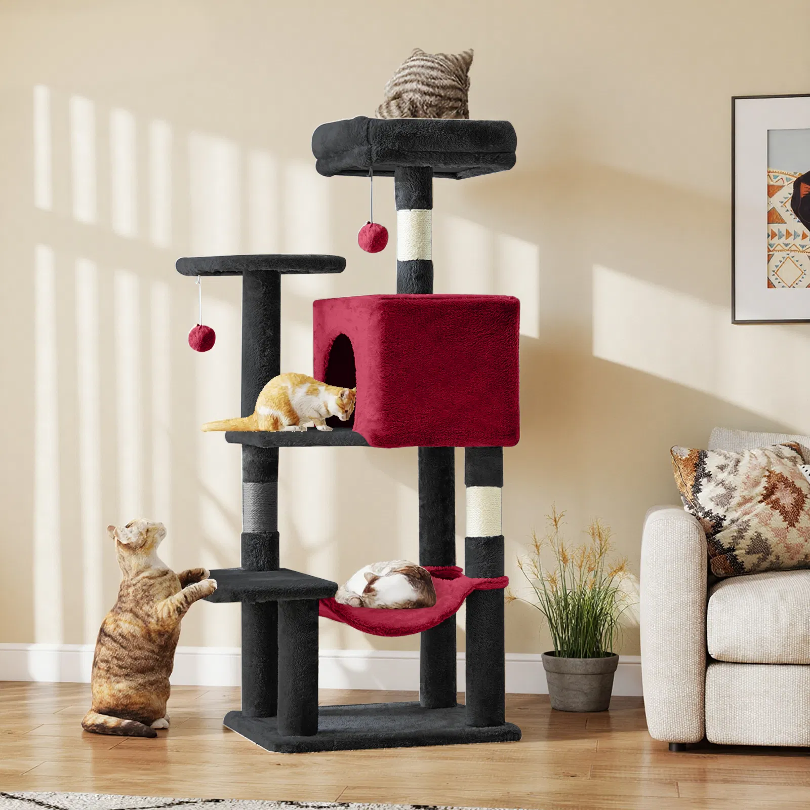 44 inch Cat Tree Tower, Multi-Cat Climbing Tower with, Natural Sisal Scratching Posts, Extended Platform, Hammock image 4