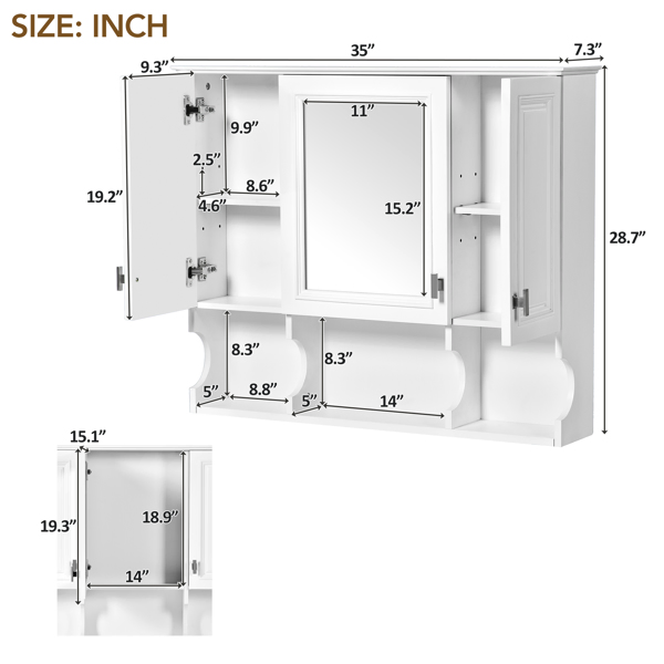 35'' x 28'' 壁挂式浴室药柜, 现代浴室壁柜带镜子, 带开放式搁板的镜柜-22