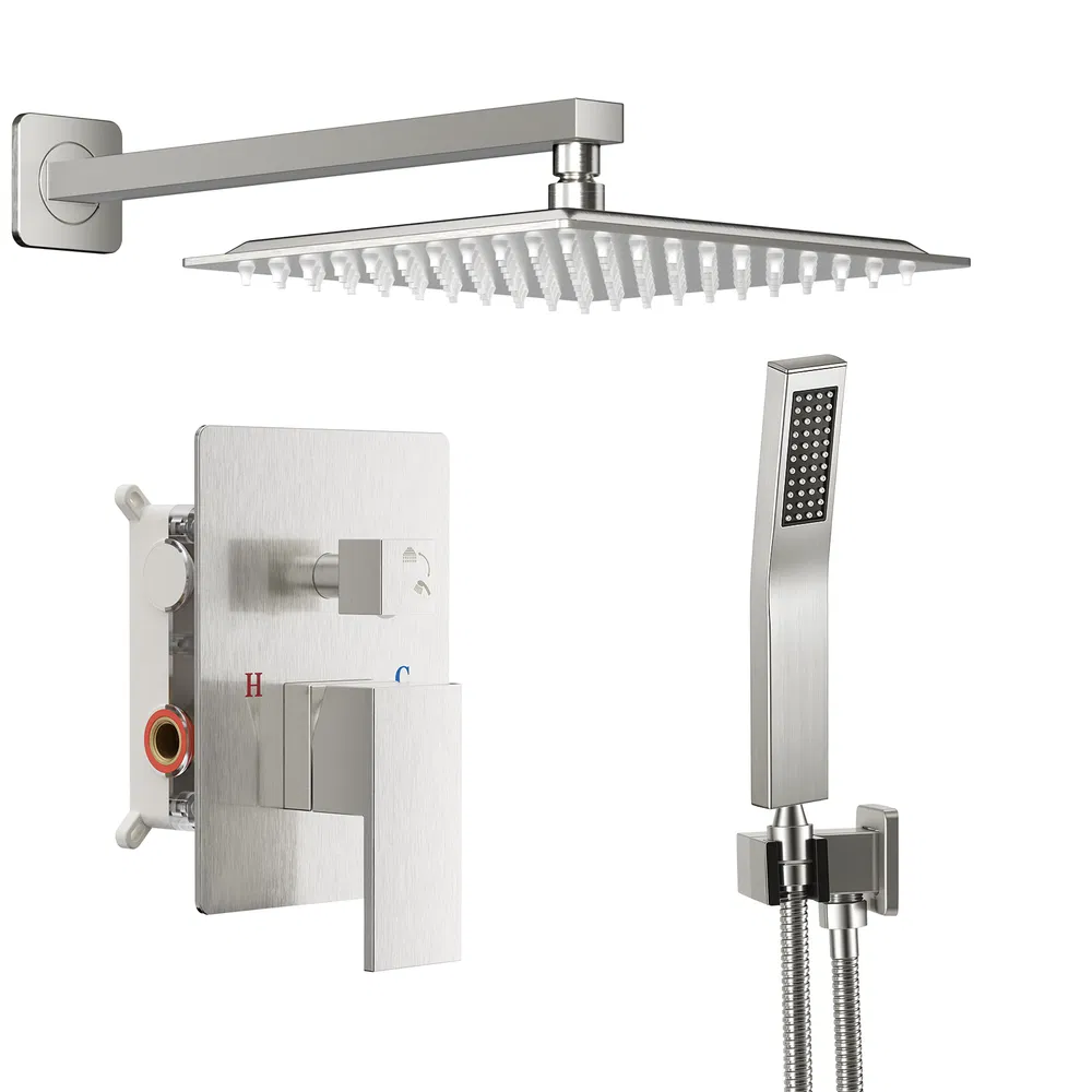 Wall-mounted shower faucet set - 10-12inch square overhead spray + handheld shower head with pressure balance and temperature control valve image 5