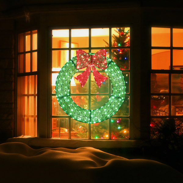 36in Pre-lit Outdoor Christmas Wreath Decoration, Lighted Metal Wreath with Red Bow, Remote Control LED Lights with Timer, for Front Door Gate Wall Indoor Outdoor Holiday Party-20
