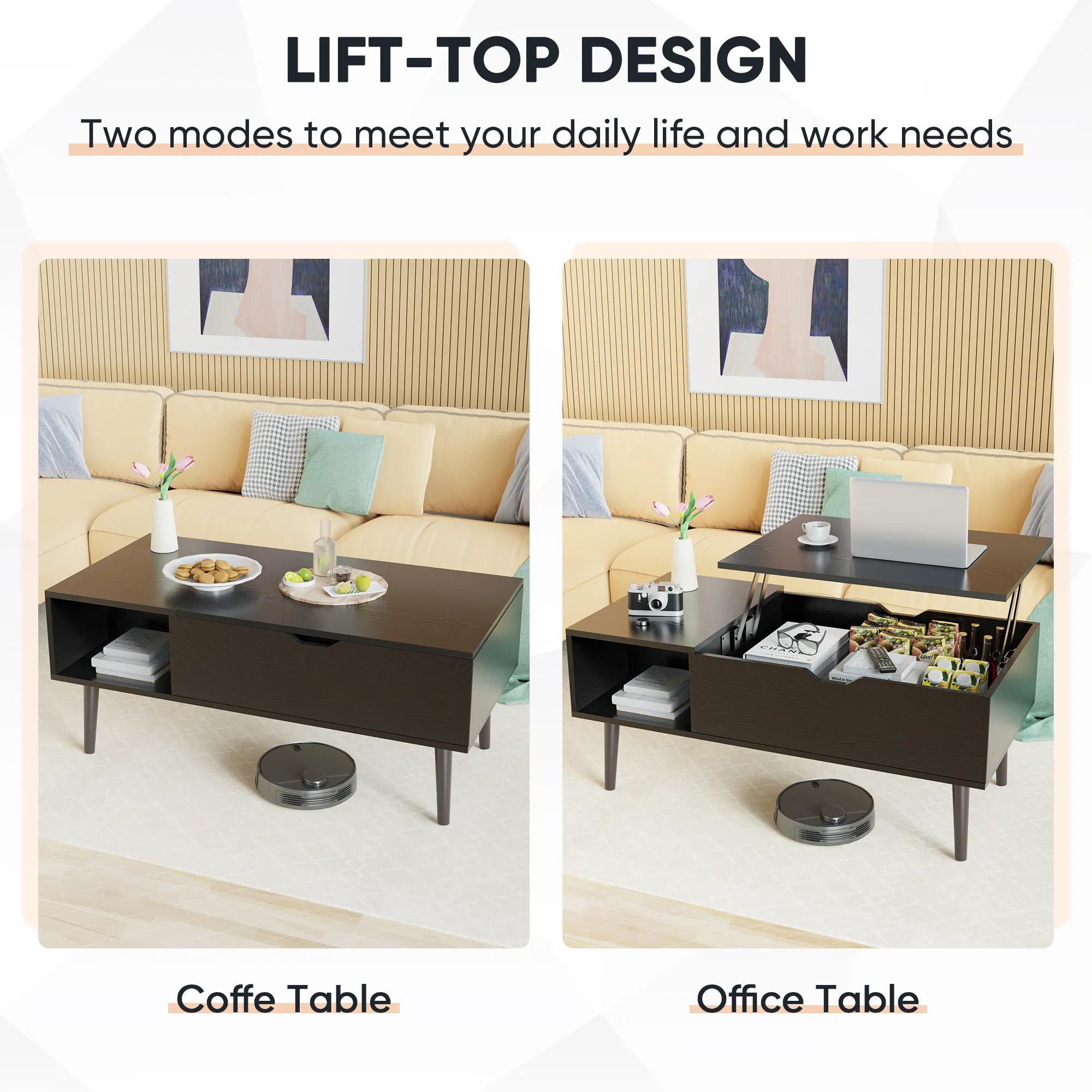 Lift Top Coffee Tables For Living Room 39.37"x19.7" Desk Tea Wood Dining Tables Adjustable Storage Shelf Easy Lift Or Lower image 5