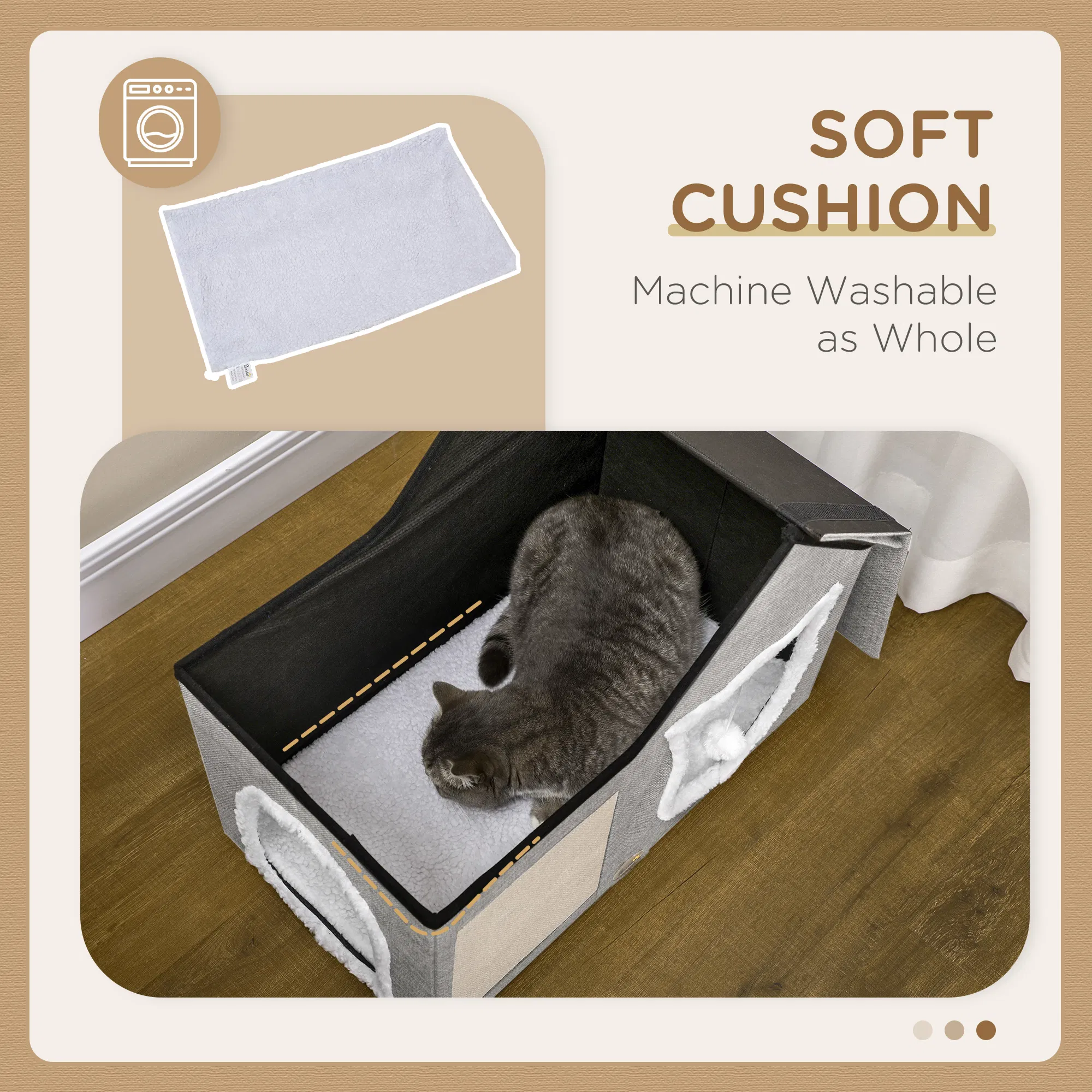 Large Cat Bed for Indoor, Cat House Hideaway with Soft Cushion, Scratching Pad, Dangling Ball, Dual Entrances, Grey — image 1