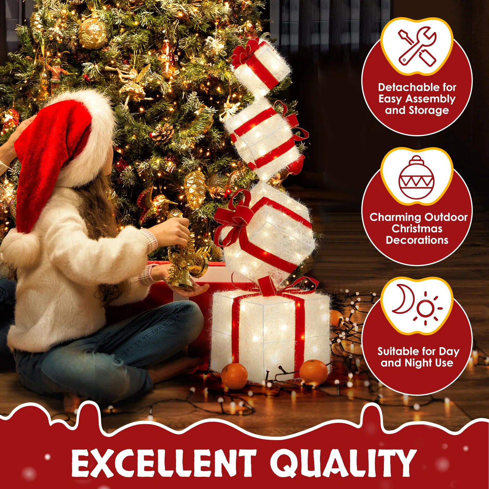 3FT Lighted Gift Box Tower, Pre-lit Stacked Present Boxes Ornament with 80 LED Warm White Lights and… image 4