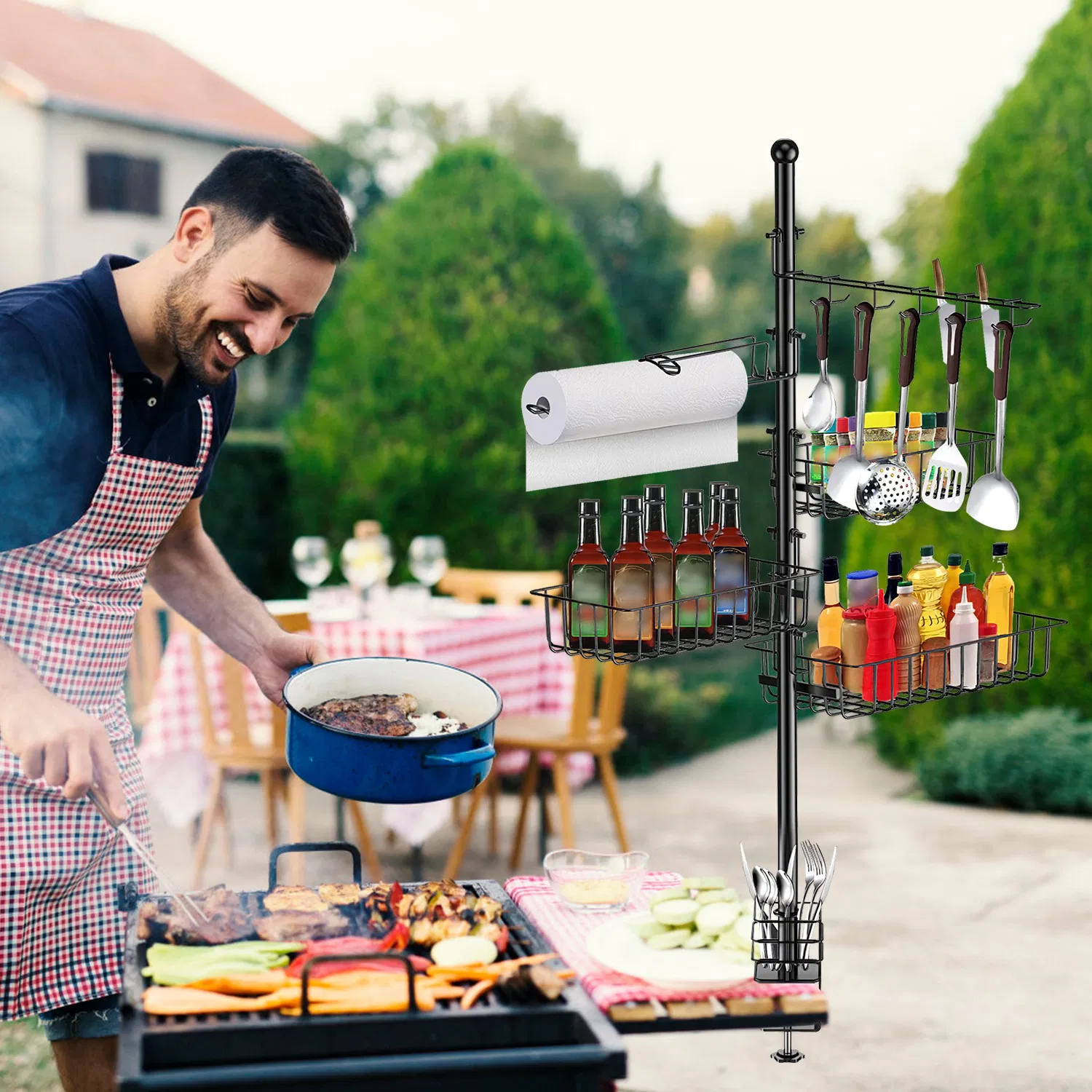 Outdoor BBQ Griddle Caddy Organizer, Multi-Size Storage Baskets & 10 Hanging Hooks, Wind Resistant Paper Towel Holder, Heavy-Duty Rustproof Rack for Camping Picnic