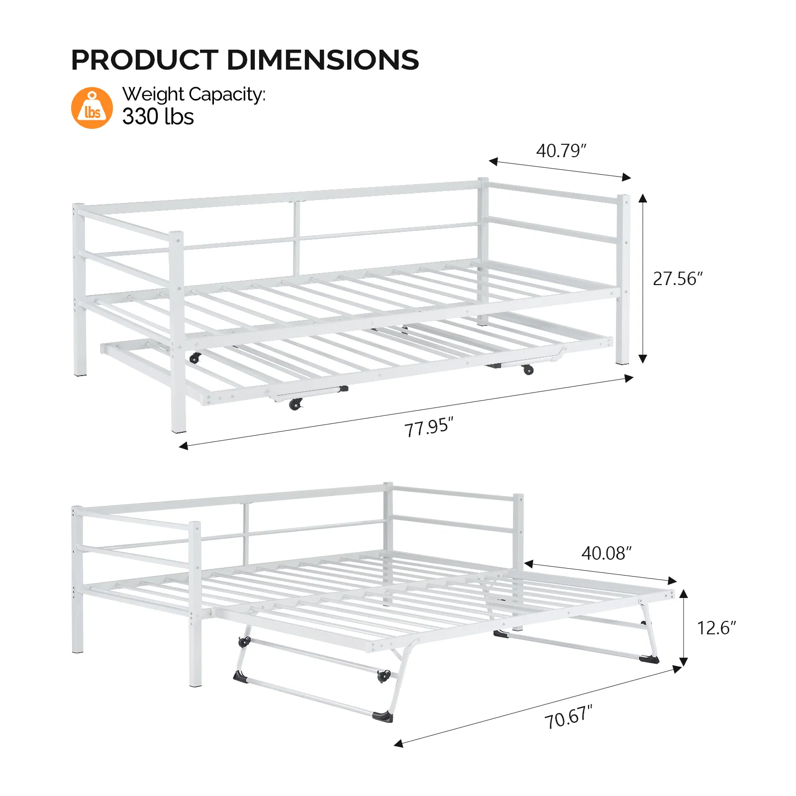 White Twin Size Metal Sofa Bed - Convertible Daybed with Pull-Out Trundle , Multi-Functional for Small… image 5