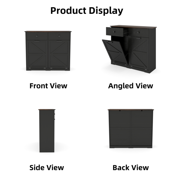 Farmhouse Black Double Tilt Out Trash Cabinet for 20 Gallon Trash Cans, Free Standing Recycling Cabinet with Hideaway Drawer, Barn Door Style Laundry Sorter Cabinet, Tilt Out Trash Cabinet for Kitchen-28