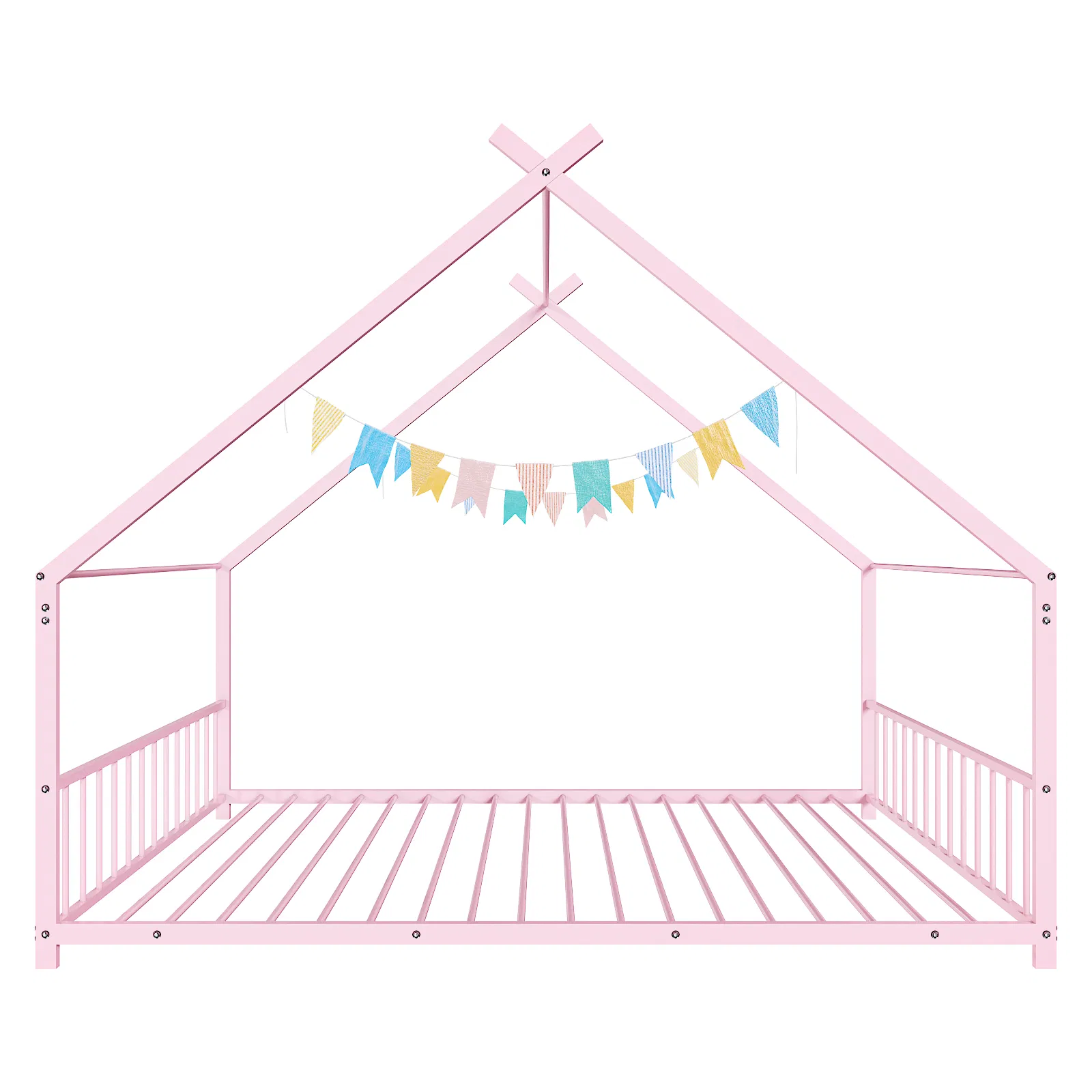Pink Flat Bed House Shape with Side Guardrails Twin Children's Iron Bed image 10