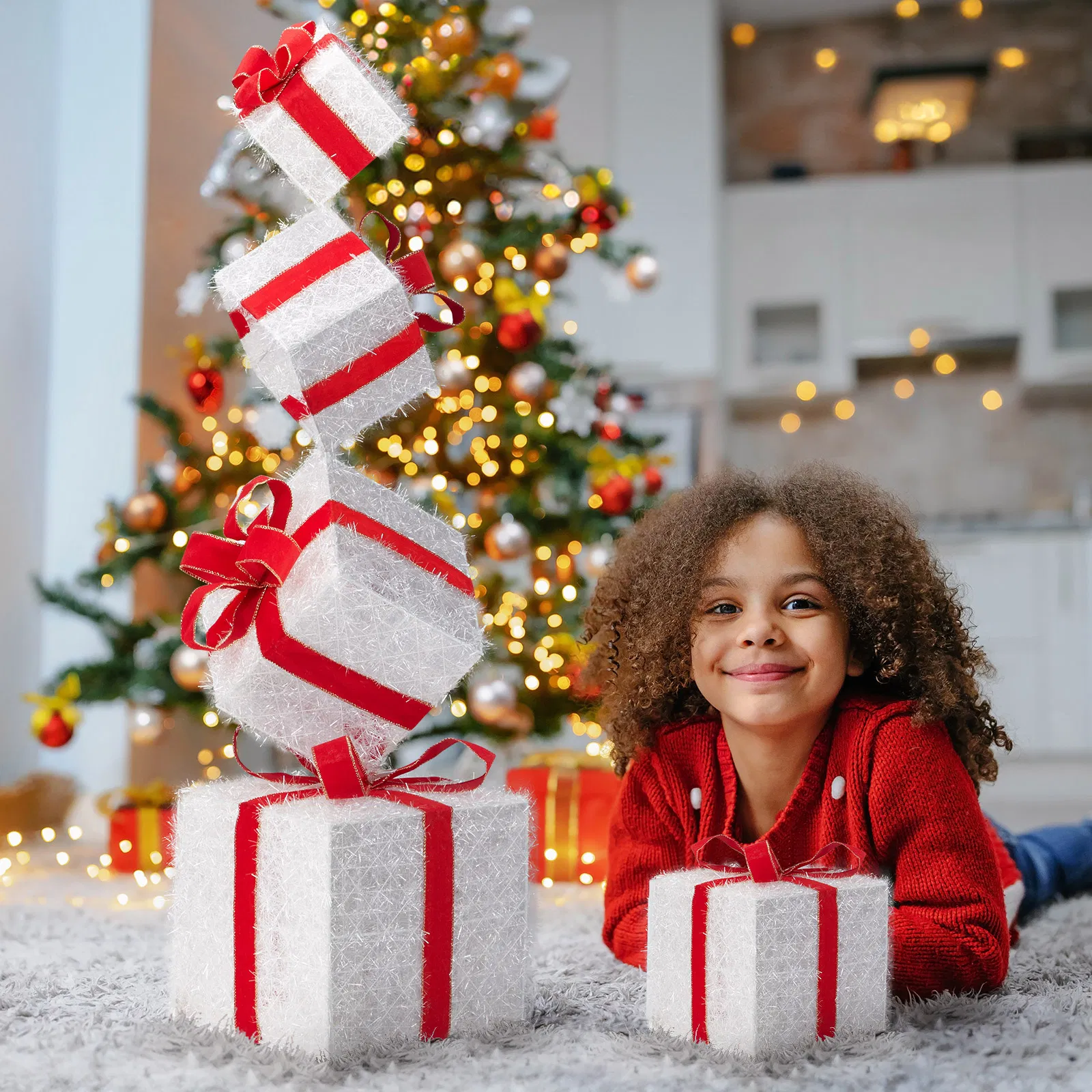 3FT Lighted Gift Box Tower, Pre-lit Stacked Present Boxes Ornament with 80 LED Warm White Lights and… image 9