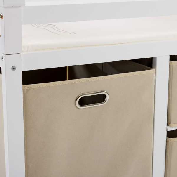 White painted pine wood frame, removable top, 87*53*87.5cm children's wooden bed with 3 fabric drawers + 1 fabric bag, and a changing table-40