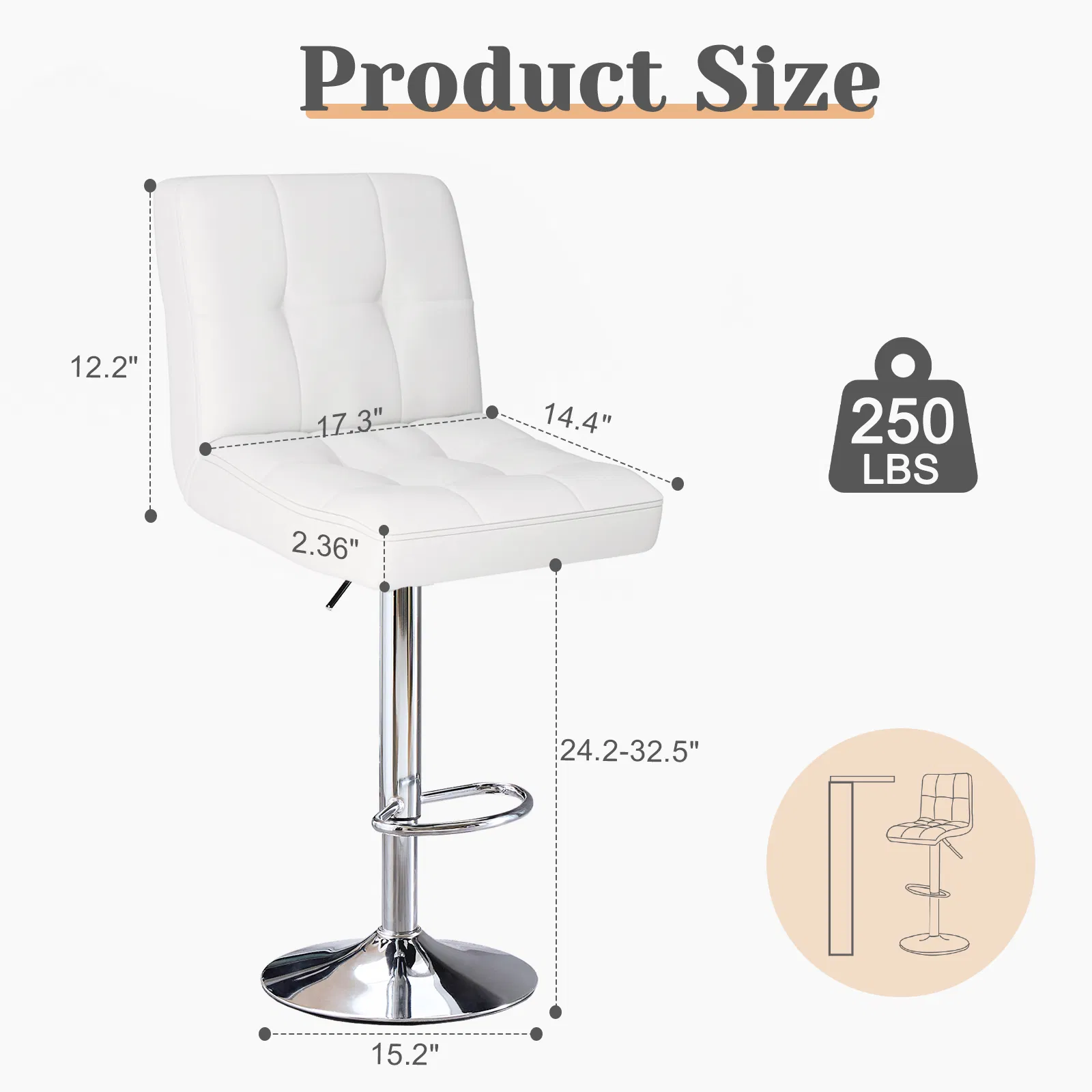 Bar Stools Set of 2, Counter Height Barstools,Square Seat Cushion Barstool with Back, Height Adjustable PU Leather Swivel Barstool image 2