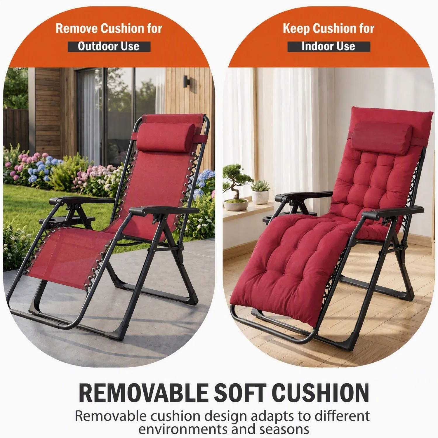 Zero Gravity Chair with Cushion, Folding Outdoor Lounge Chair with Cup Holder and Headrest for Patio, Strong Capacity image 3