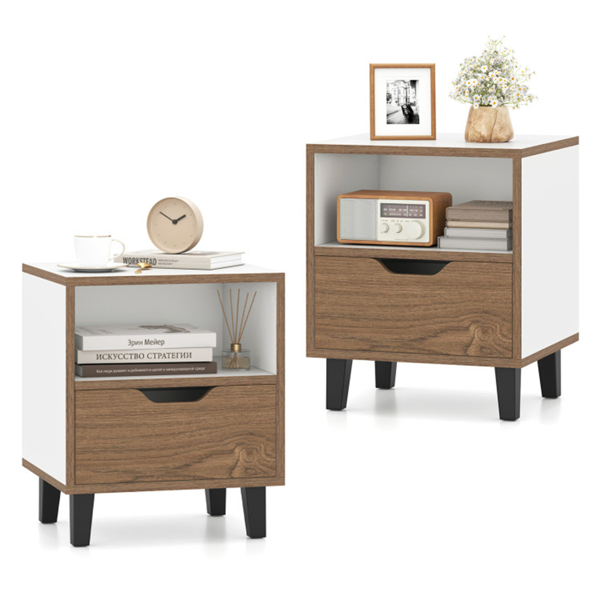 2-Pack Color Blocking Nightstands - 3-Tier Storage (Tabletop/Open Shelf/Drawer), Unique Wood Grain + Creamy White Design for Bedroom-10