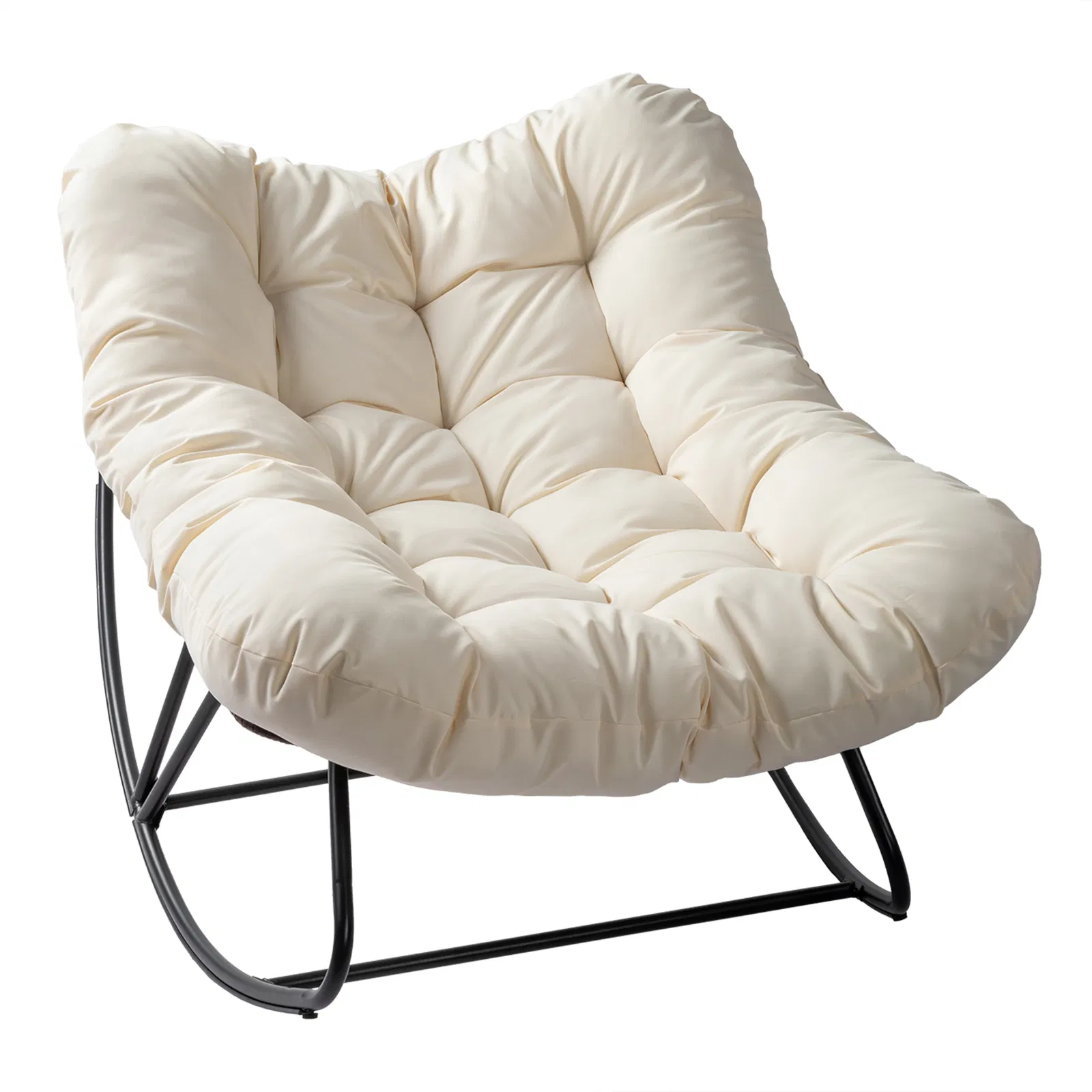 Oversized Rattan Papasan Chair, Outdoor Steel Wicker Rocking Seating with Thick Padded Cushion for Patio, Living Room, Backyard, Porch(Brown Wicker & Beige Cushion) image 14