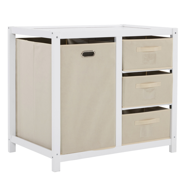 White painted pine wood frame, removable top, 87*53*87.5cm children's wooden bed with 3 fabric drawers + 1 fabric bag, and a changing table-36