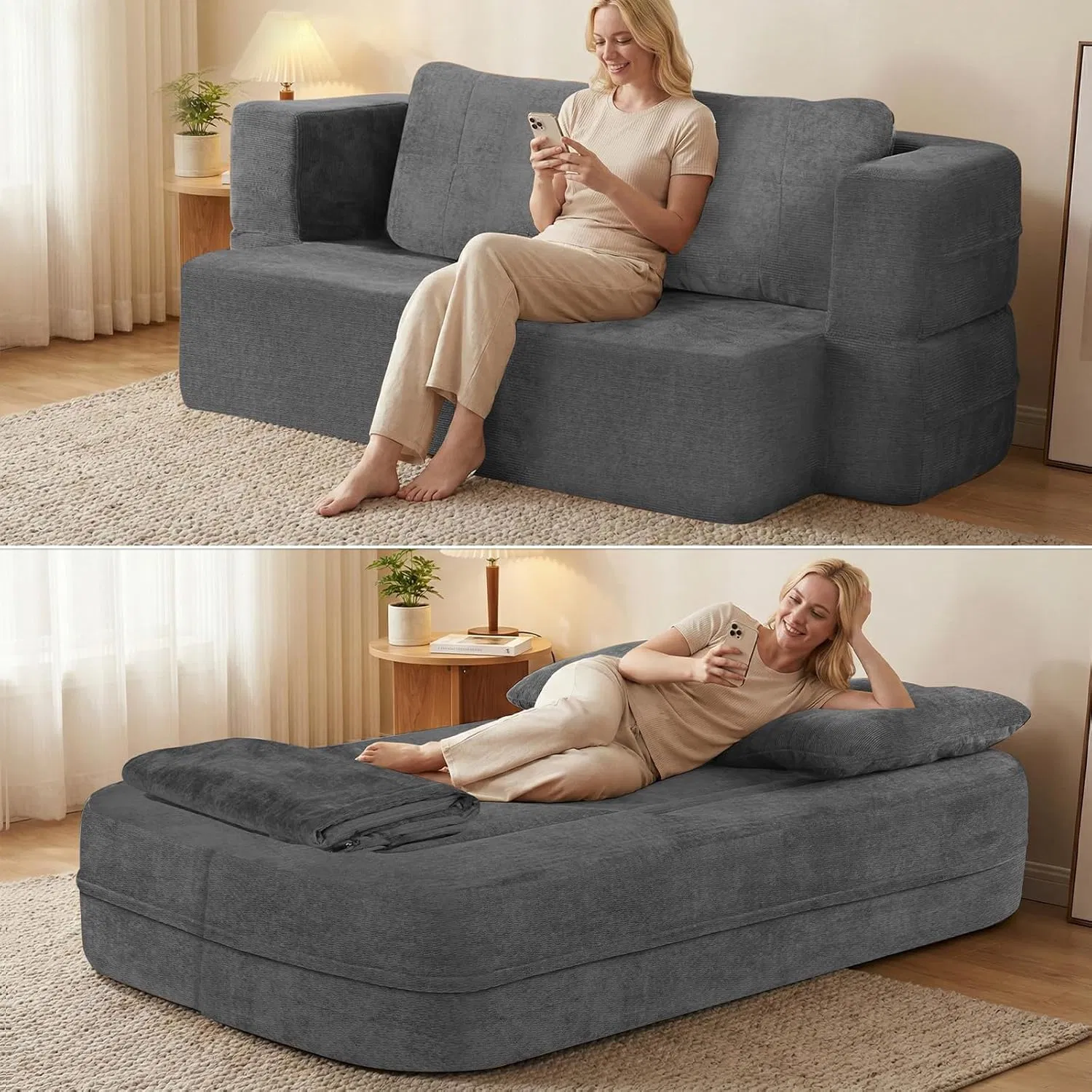 Convertible Sofa Bed with Blanket, Boneless Cloud Couch Queen Scott Fabric for Living Room Bedroom, Modular Loveseat with High-Density Solid Sponge No Assembly, Grey
