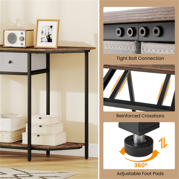  2-Tier Industrial Console Table - Polygonal Tabletop & Open Shelf, 2 Folding Fabric Drawers for Entryway/Hallway/Couch Behind-18
