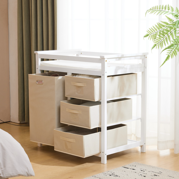 White painted pine wood frame, removable top, 87*53*87.5cm children's wooden bed with 3 fabric drawers + 1 fabric bag, and a changing table-56