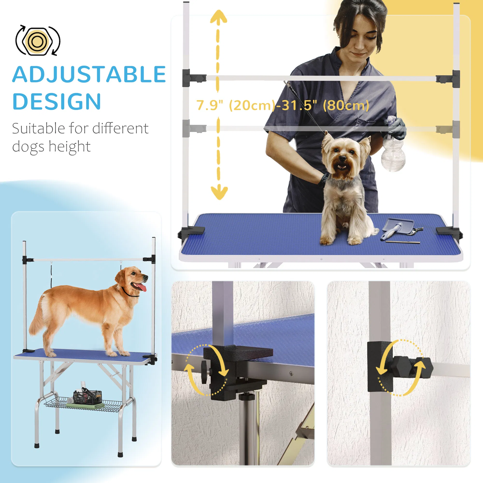 Adjustable Dog Grooming Table with 2 Safety Slings, Storage Basket, Blue — image 1