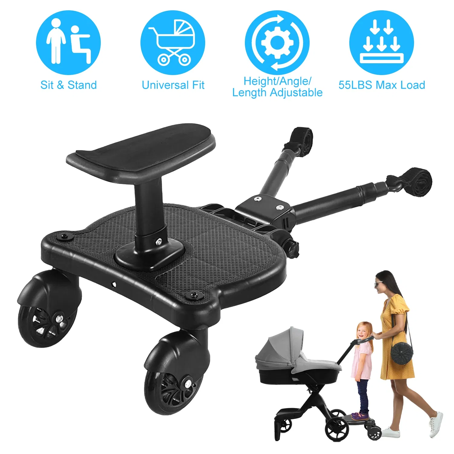 2026 New-Universal Stroller Board ,Multi-Angle Adjustable Stroller Board with 360° Swivel Wheels, Sit & Stand Universal Stroller Accessory with Storage Strap for Shopping Park Travel