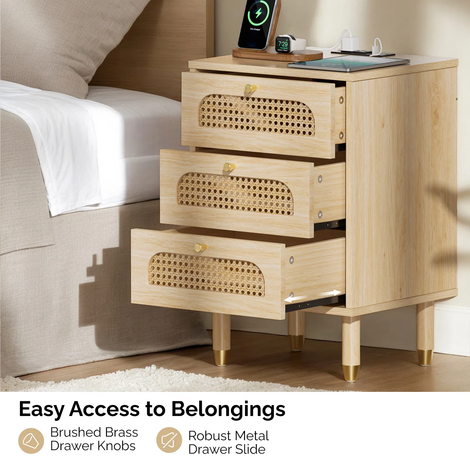 3-Drawer Nightstand with Rattan-Style Finish 15.75"*13.78"*23.82" with Power Outlet Oak image 9
