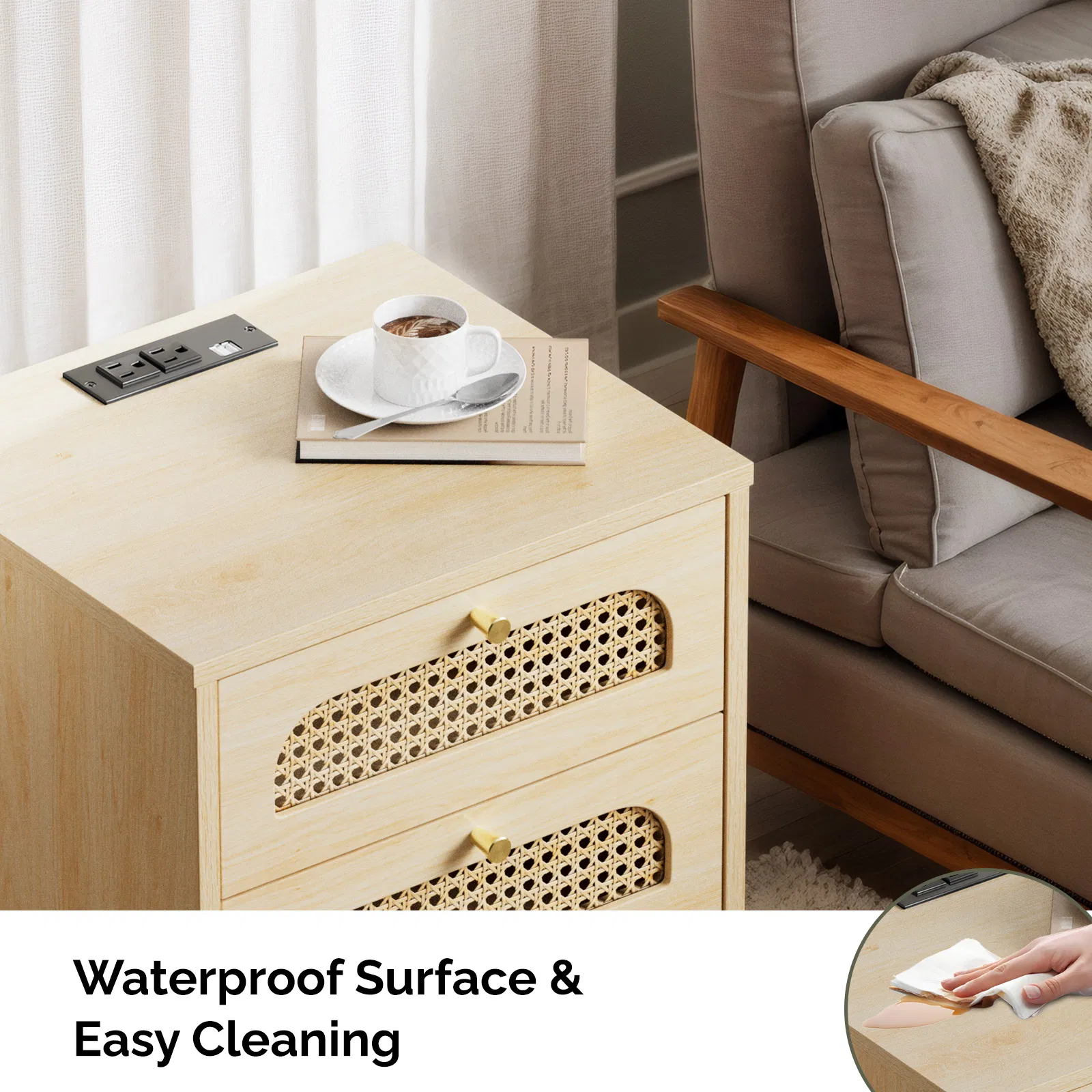 3-Drawer Nightstand with Rattan-Style Finish 15.75"*13.78"*23.82" with Power Outlet Oak image 10