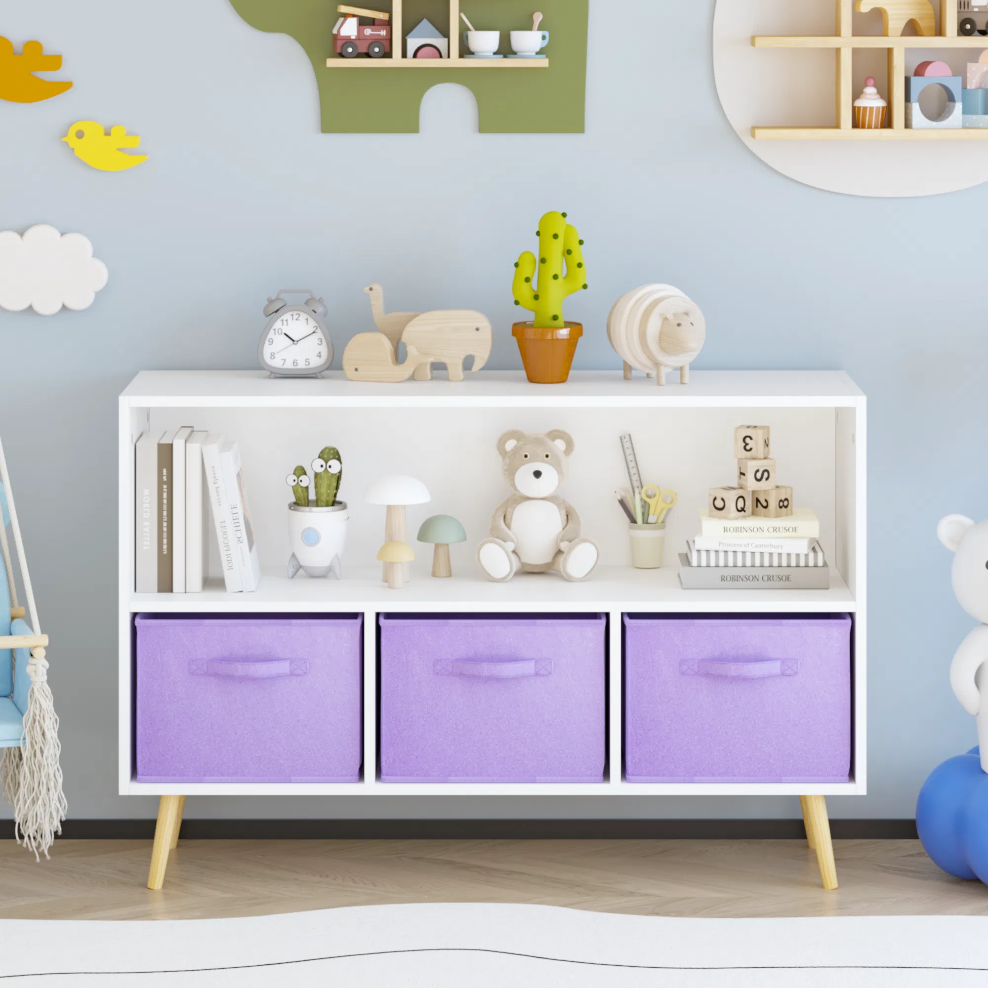 Kids bookcase with Collapsible Fabric Drawers, Children's Book Display, Toy Storage Cabinet Organizer, White/Purple -Does not support self pick up