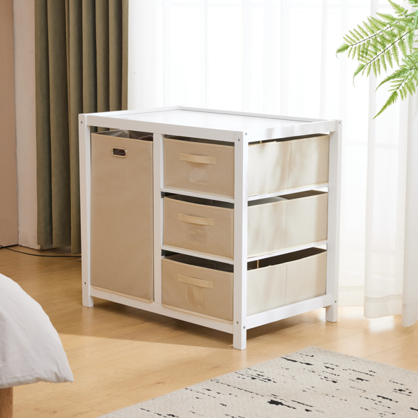 White painted pine wood frame, removable top, 87*53*87.5cm children's wooden bed with 3 fabric drawers + 1 fabric bag, and a changing table-60