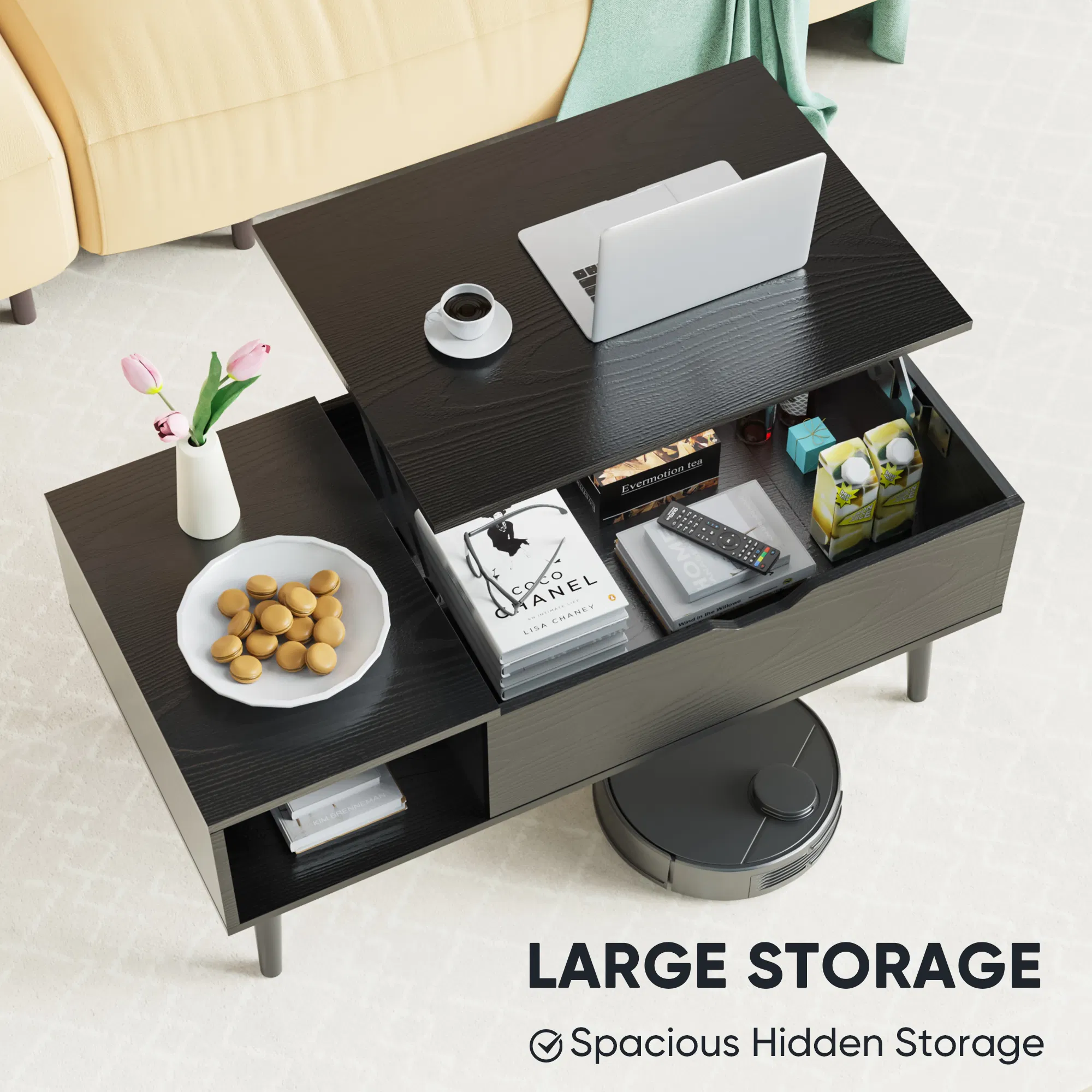 Lift Top Coffee Tables For Living Room 39.37"x19.7" Desk Tea Wood Dining Tables Adjustable Storage Shelf Easy Lift Or Lower image 3