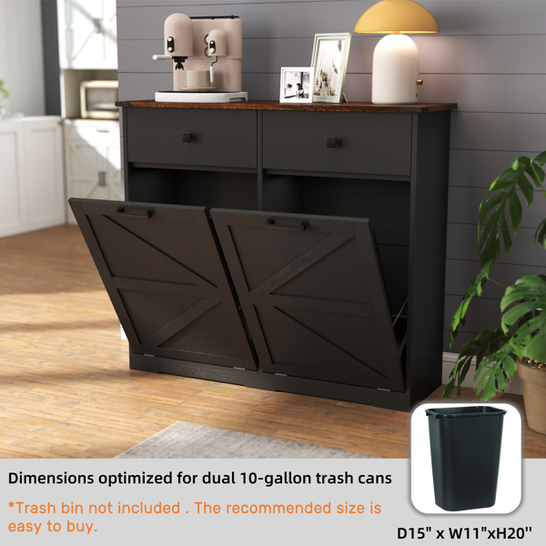 Farmhouse Black Double Tilt Out Trash Cabinet for 20 Gallon Trash Cans, Free Standing Recycling Cabinet with Hideaway Drawer, Barn Door Style Laundry Sorter Cabinet, Tilt Out Trash Cabinet for Kitchen-39
