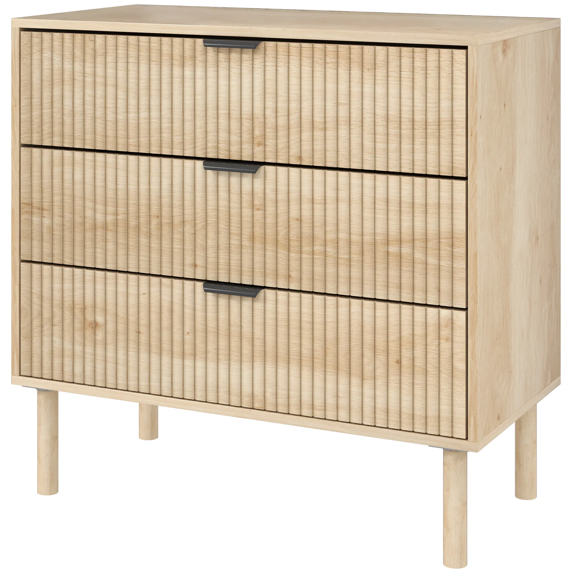 Bedroom Chest of Drawers, 3 Drawer Dresser with Fluted Panels and  Wood Legs, Storage Cabinet for Living Room, Oak