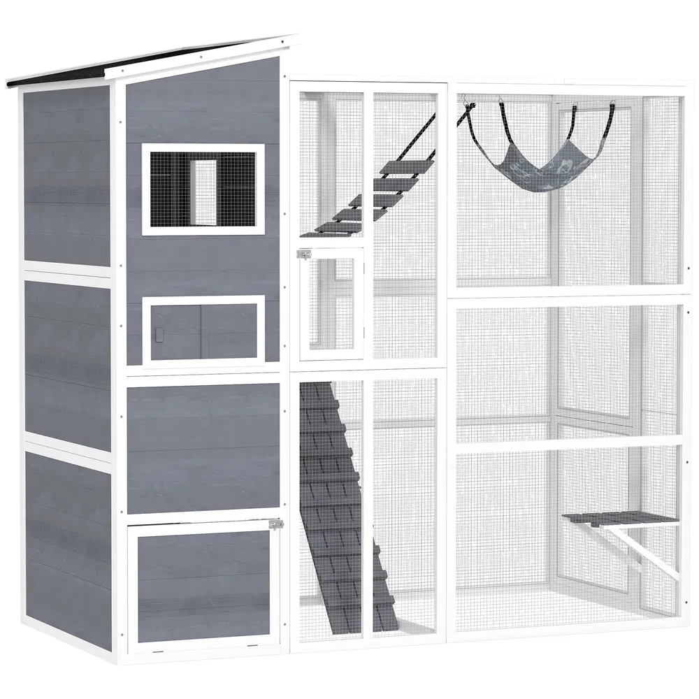 76" Catio Outdoor Cat Enclosure with Cat Condo, Jumping Platforms, Ladder, Ramps, Hammock for 2-3 Indoor Cats, Grey
