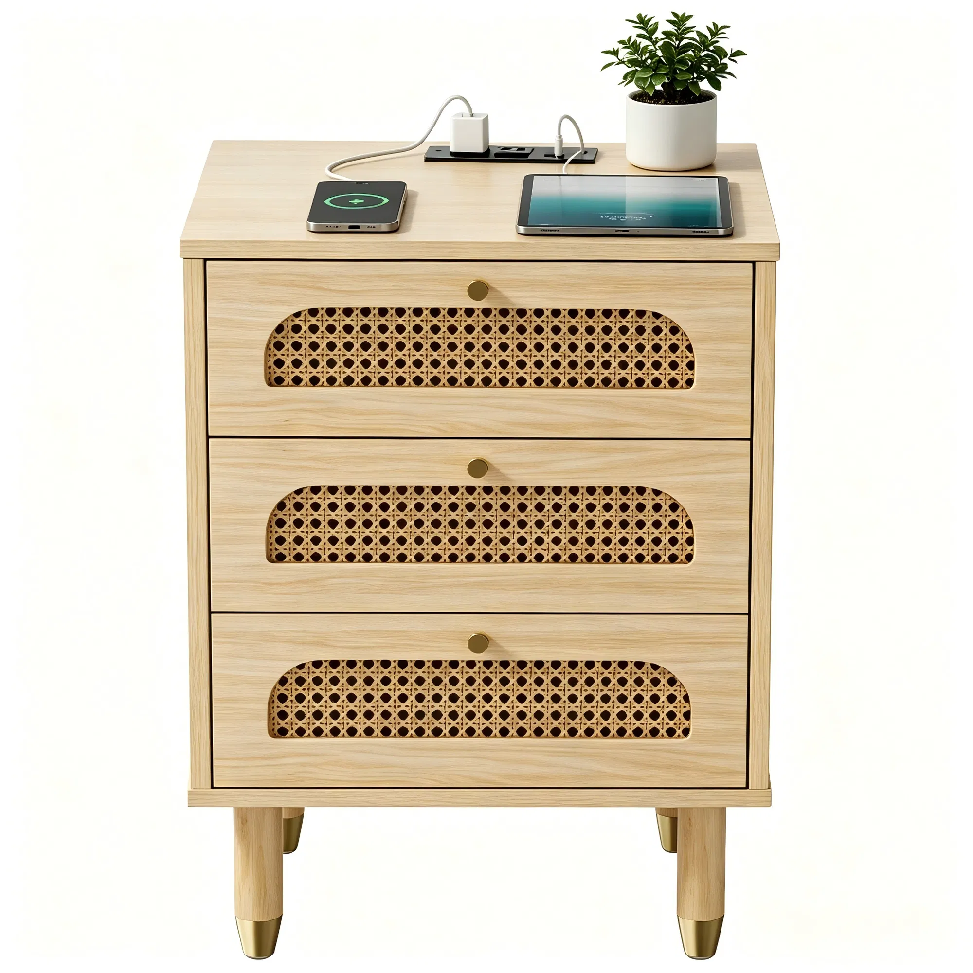 3-Drawer Nightstand with Rattan-Style Finish 15.75"*13.78"*23.82" with Power Outlet Oak image 2