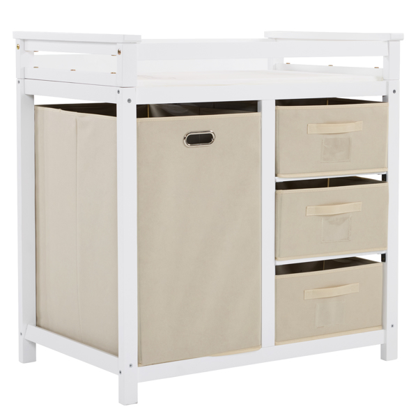 White painted pine wood frame, removable top, 87*53*87.5cm children's wooden bed with 3 fabric drawers + 1 fabric bag, and a changing table-38
