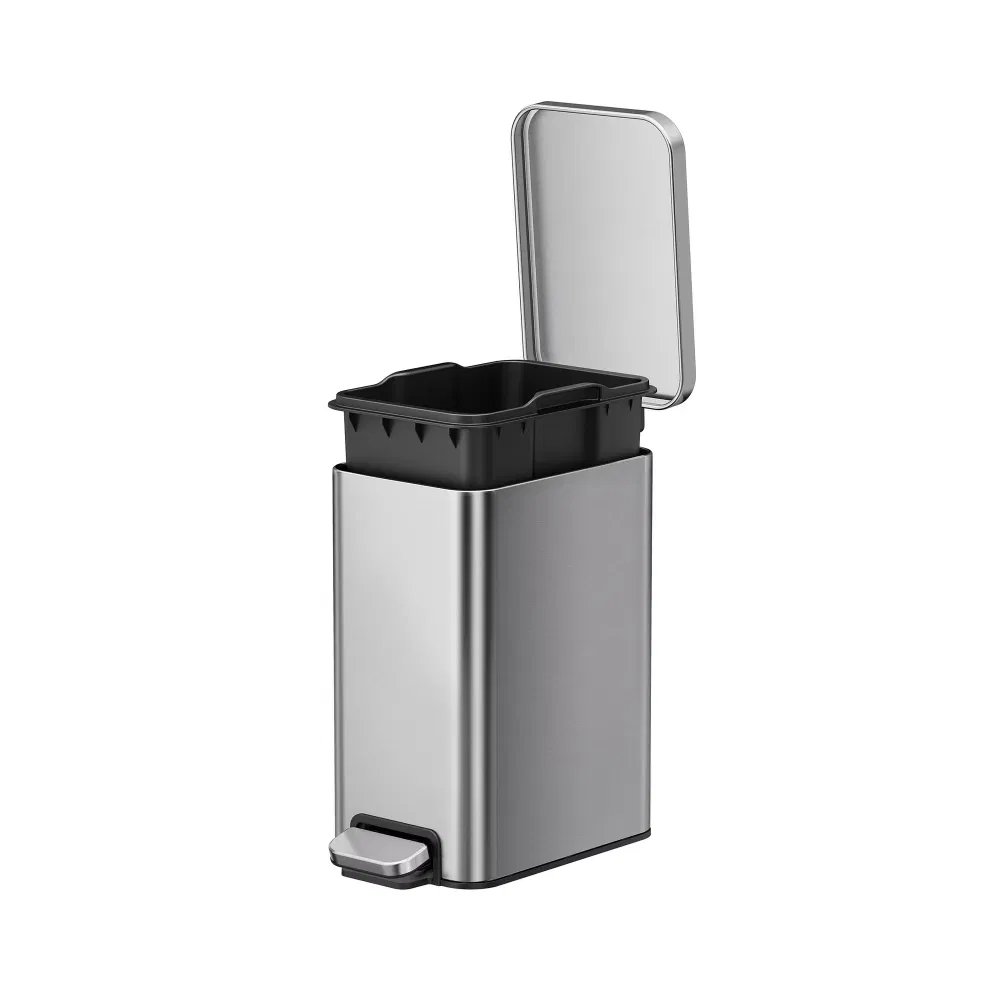 Bedroom / Office Trash Can, 2.6 Gallon Small Stainless Steel Step Garbage Bucket Bin with Soft Close Lid, Silver