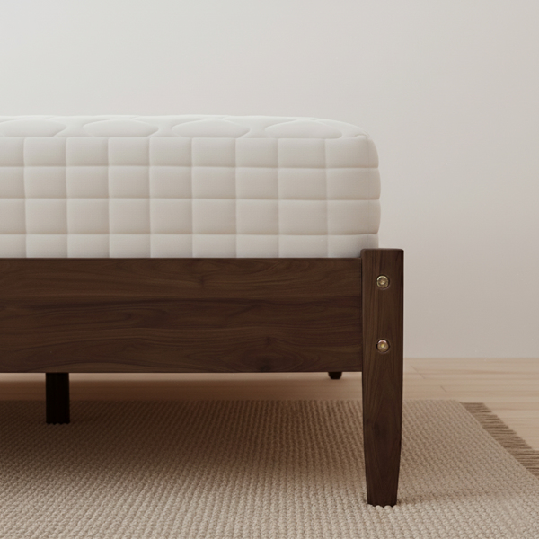 Dark walnut wood painted finish + rattan and pine wood double headboard full size wooden bed, Bohemian style-26