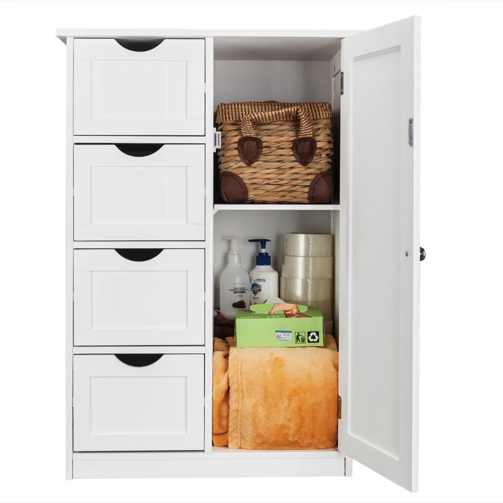 Single Door Bathroom Storage Cabinet with 4 Drawers White image 13