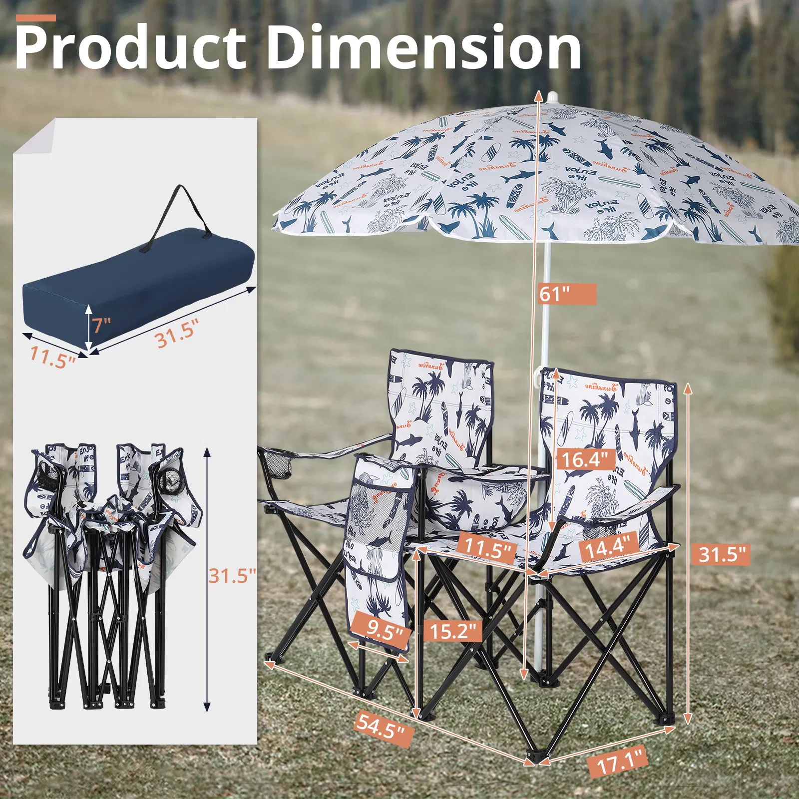 Portable Outdoor 2-Seat Folding Chair with Removable Sun Umbrella Coconut Tree image 2