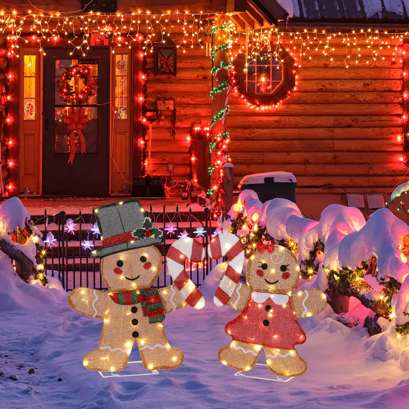 Set of 2 Lighted Gingerbread Man and Candy Cane Christmas Decorations, Pre-lit 2D Holiday Decor with 80… image 12
