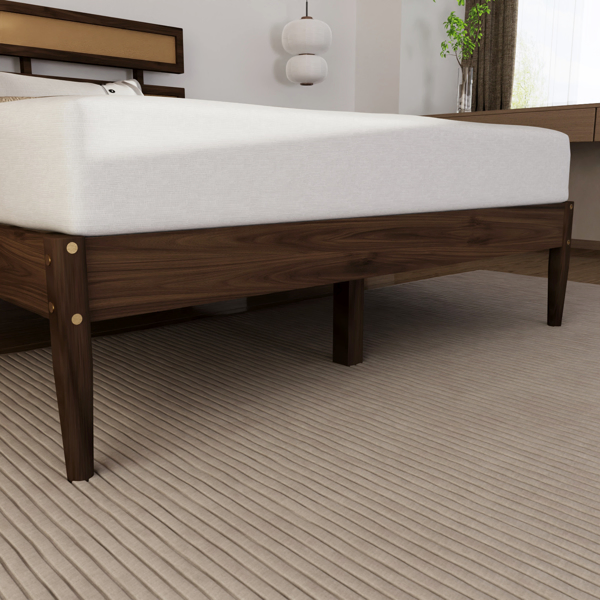 Dark walnut wood painted finish + rattan and pine wood double headboard full size wooden bed, Bohemian style-18