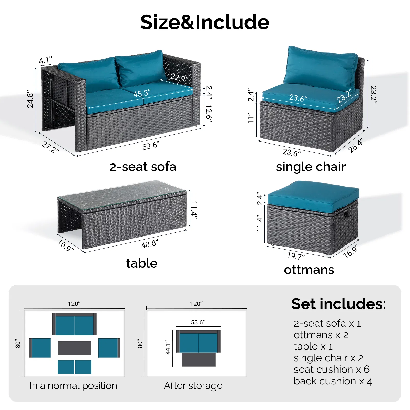 2pcs armless sofa + 2pcs footstool + 1pcs double sofa + 1pcs coffee table with storage black rattan and peacock green cushions, rattan multi-piece set image 3
