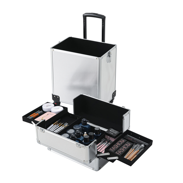 4-in-1 Draw-bar Style Interchangeable Aluminum Rolling Makeup Case Silver-24